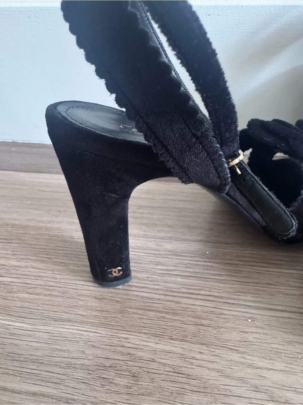 CHANEL Black Camellia Pearl Accent Slingback Heels